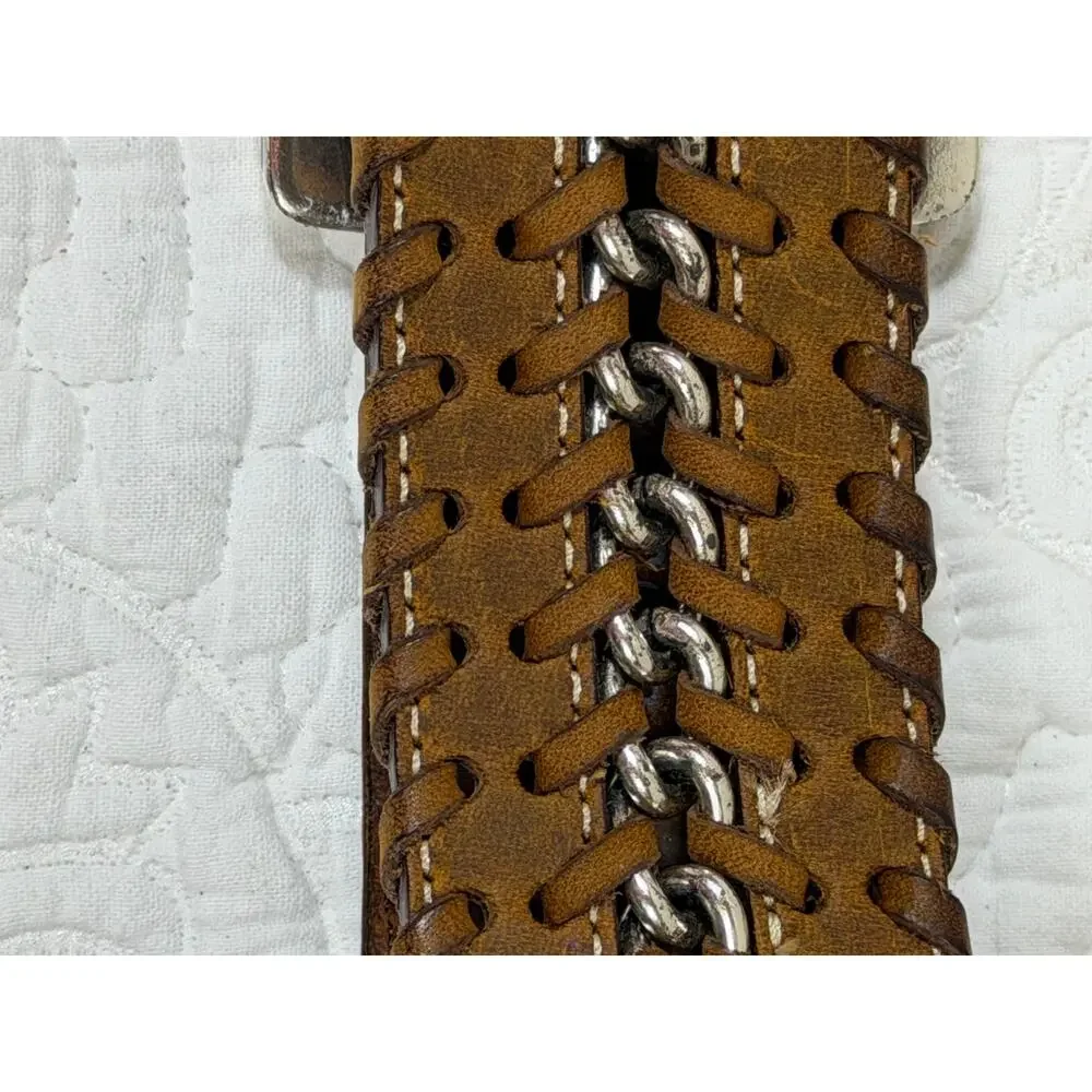 Brighton Women L Brown Braided Leather Silver Buckle Accent Belt Minimalist